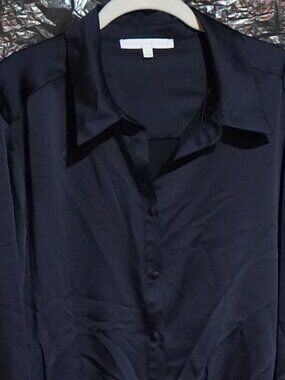 Preston & York XXL Satin Tie Waist Blouse Navy Blue Button Up Shiny Career Top